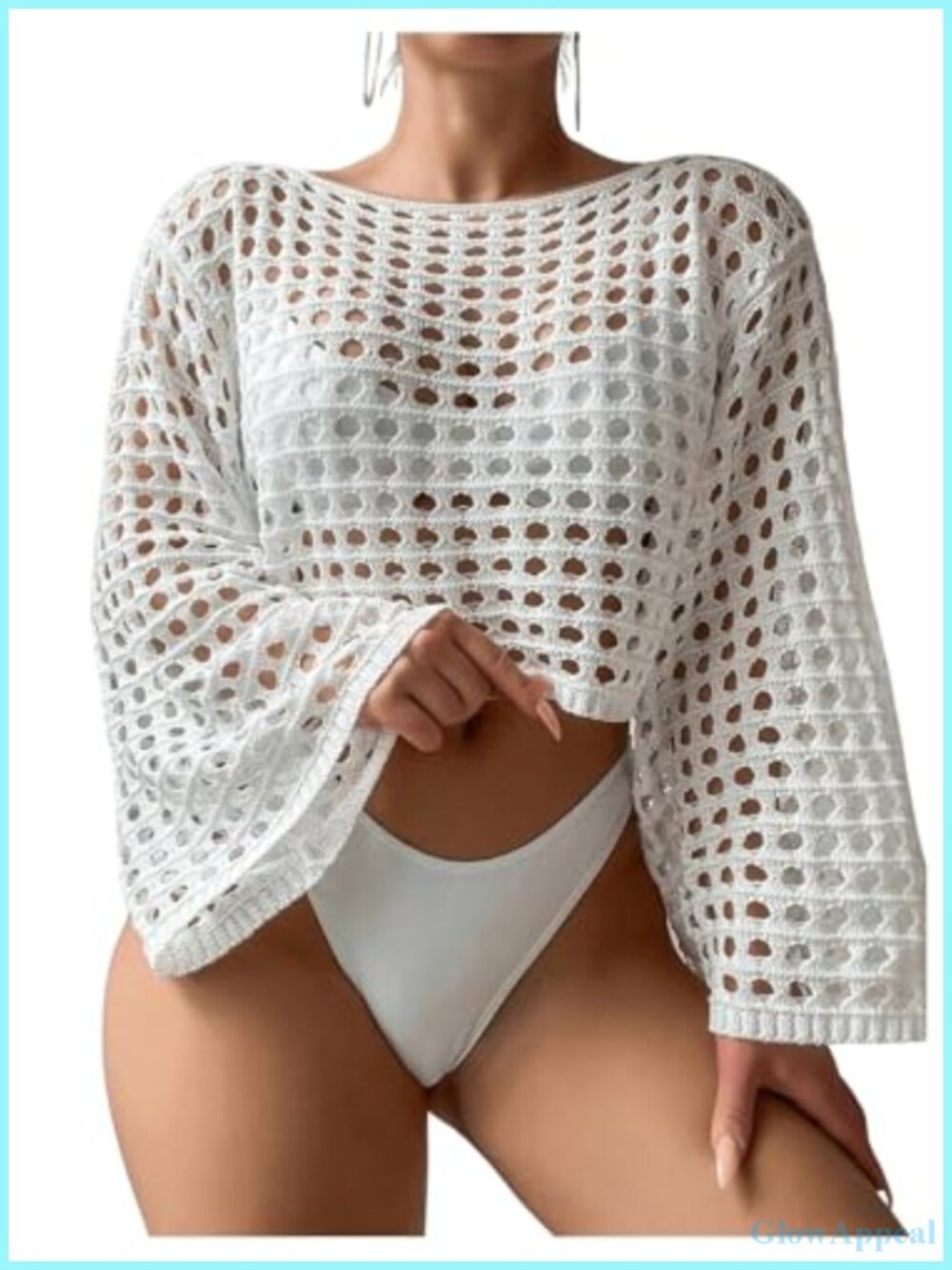 Crochet Crop Top Beach Cover Up Hollow Out Long Sleeve Knit Shrug